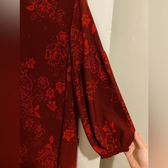 Merona Red Floral dotted pattern puffy sleeve mid length Dress - Picture 8 of 9